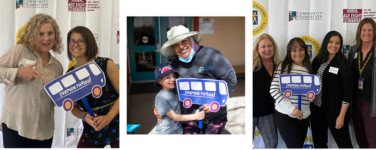 Photo collage of Ngage Partners holding the Vamos Niños bus cutout